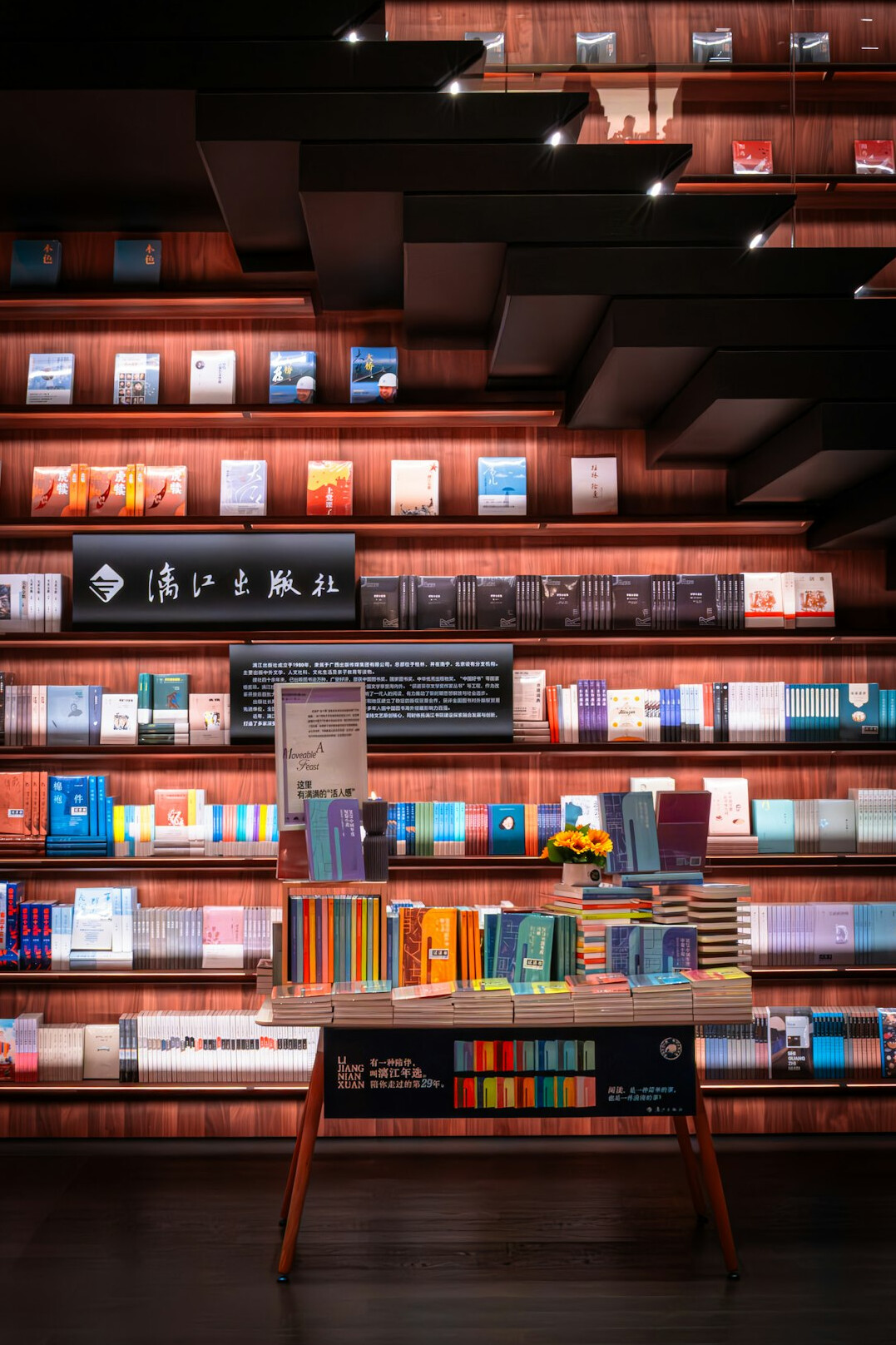 Library shelves full of books in warm light